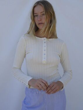 EMMA ROTHKOPF Henley Pointelle Long Sleeve Tee Cream